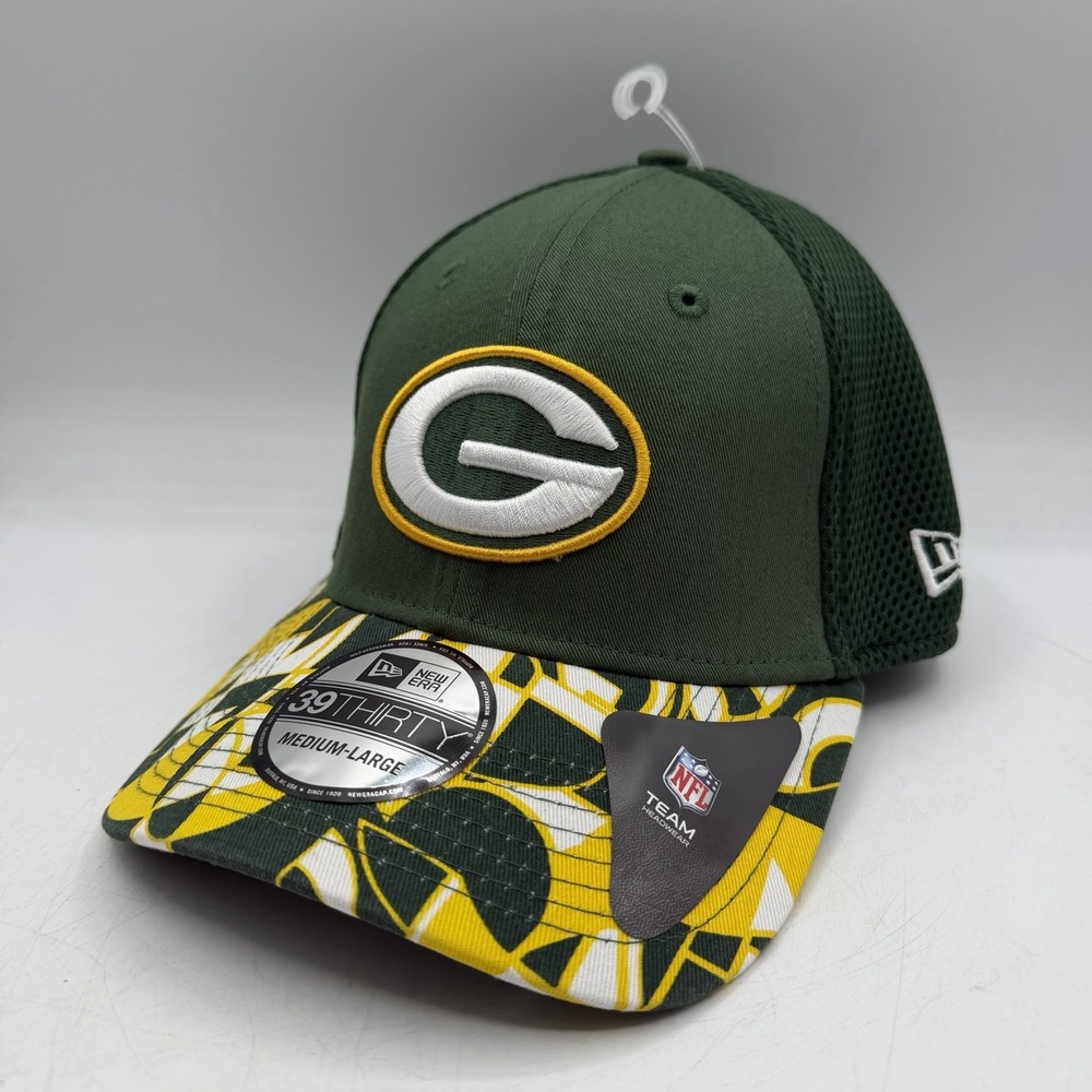New Era 39Thirty Green Bay Packers Hat Cap‎ Sz M/L Patterened Bill Stretch Flex